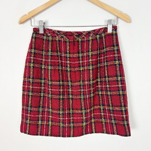 Y2K Vtg Red Plaid Tweed Mini Skirt Size 6 Academia Grunge Loft Women's - Picture 2 of 3